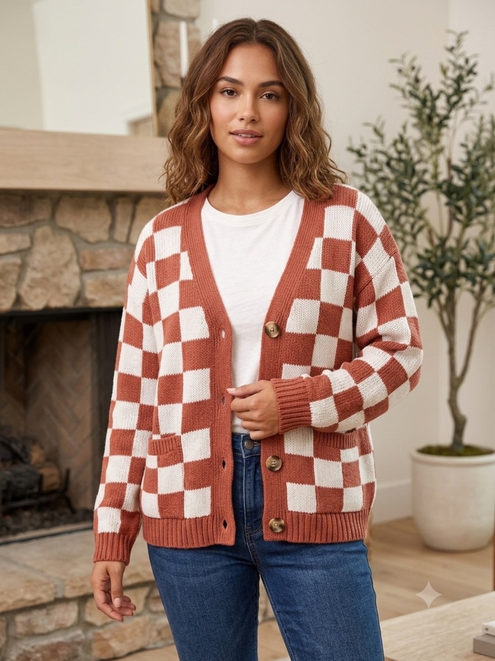 American Eagle Checkerboard Knit Button-Front Cardigan Sweater - Rust & White